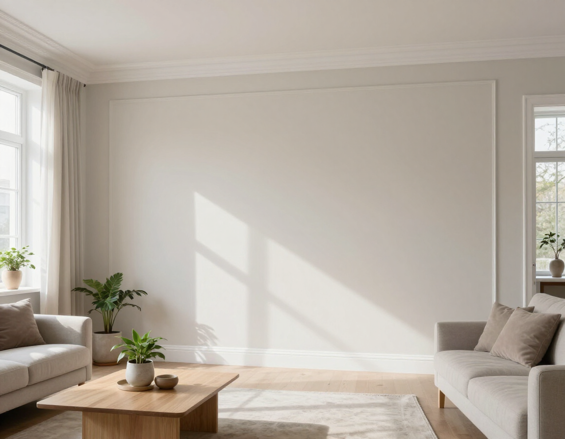 A bright, minimalist living room with two light-colored sofas, a wooden coffee table, and indoor plants against a blank wall.