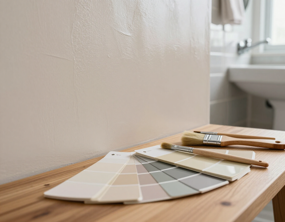 A paint color swatch fan and two brushes on a wooden surface in front of a neutral-colored wall in a bathroom.