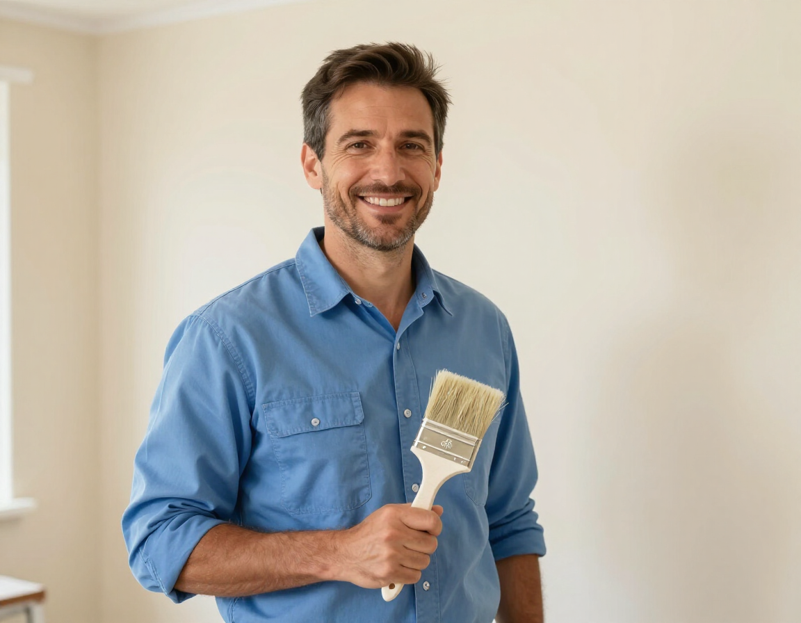 A smiling person in a blue shirt standing indoors, holding a paintbrush in front of a neutral-colored wall.
