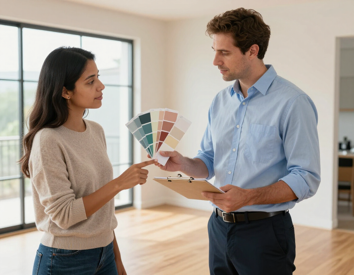 A person holds a paint color fan for another to select a shade while standing in an unfurnished room with a clipboard.