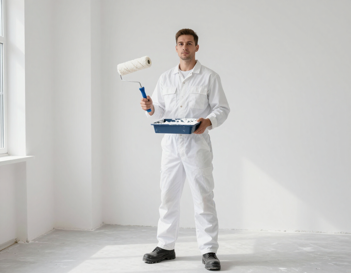A person in white work clothes stands in an empty, white-walled room, holding a paint roller and a tray of white paint.