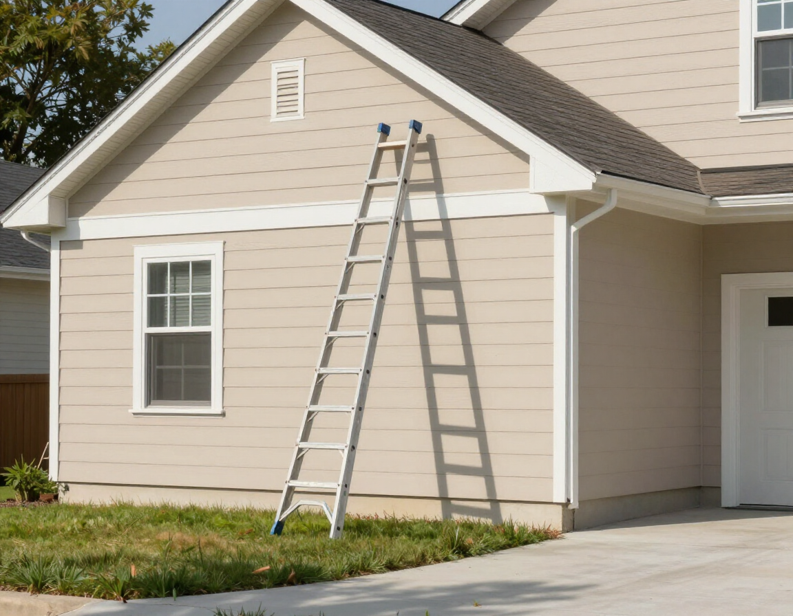 An aluminum extension ladder leans against the beige exterior wall of a suburban house.