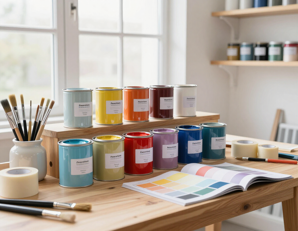Colorful paint cans, brushes, tape, and a color palette book arranged on a wooden desk in a bright, sunlit studio.