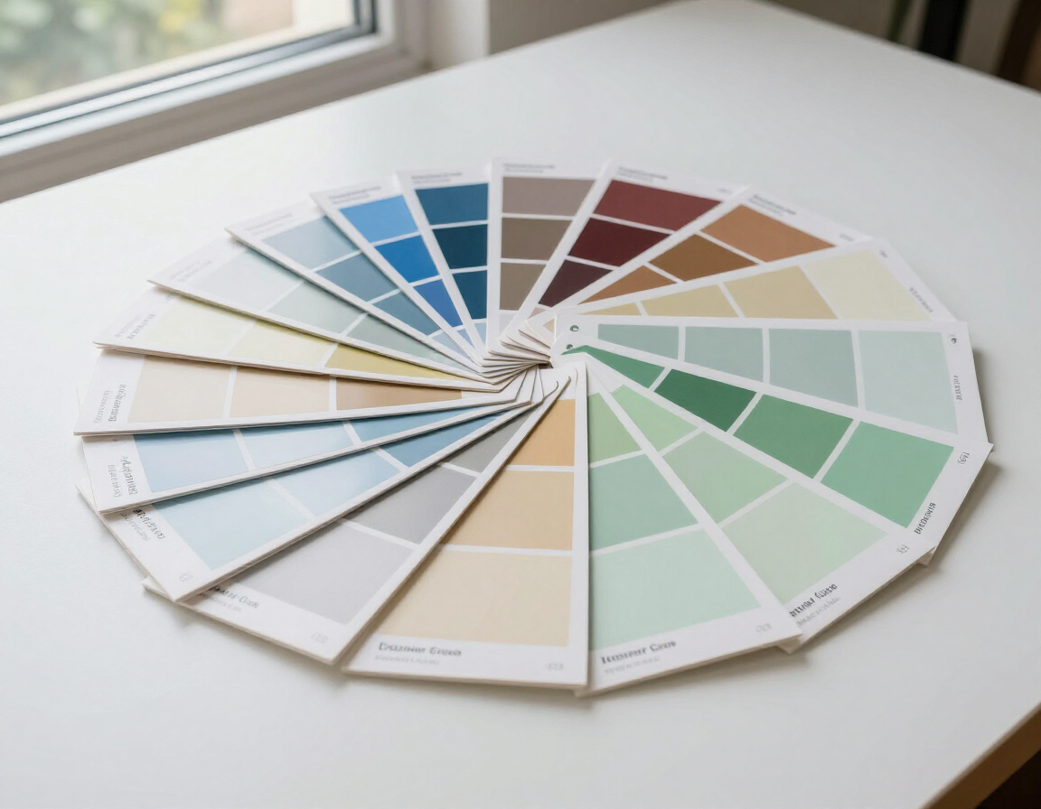 A circular fan of paint color swatches in shades of blue, green, brown, and cream resting on a white table.
