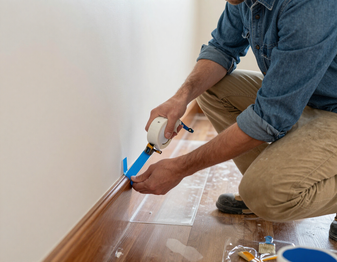 A person uses a blue painter's tape applicator tool along the baseboard of a wall to prepare for painting.