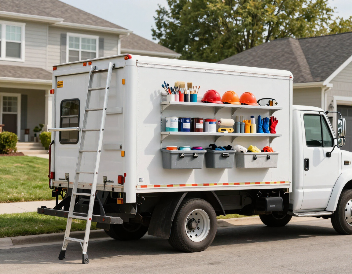 A white box truck parked on a residential street with external shelves holding paint supplies and tools, plus a ladder.
