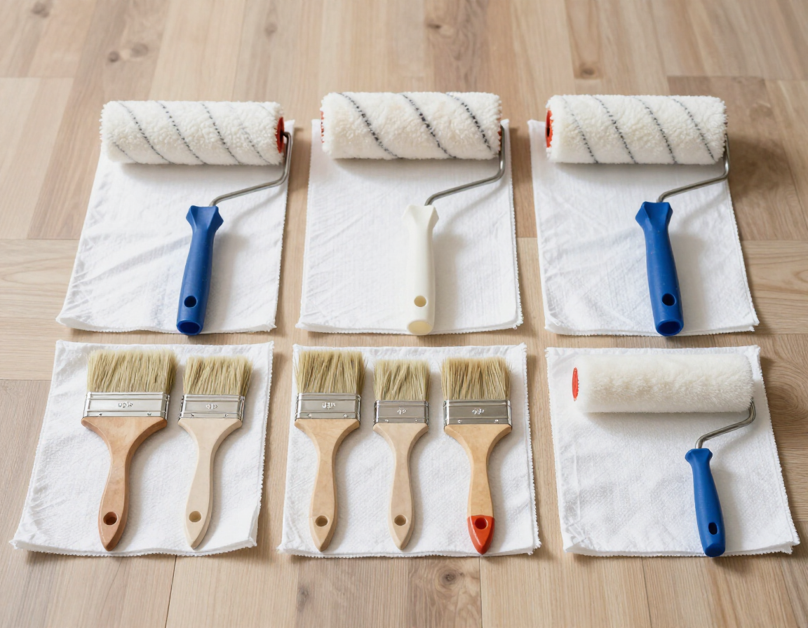 Paint rollers and brushes laid out on white cloths on a wooden floor.
