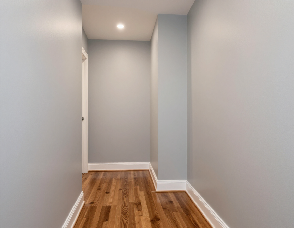 A hallway with gray walls, white baseboards, and wood floors, leading toward an open doorway.