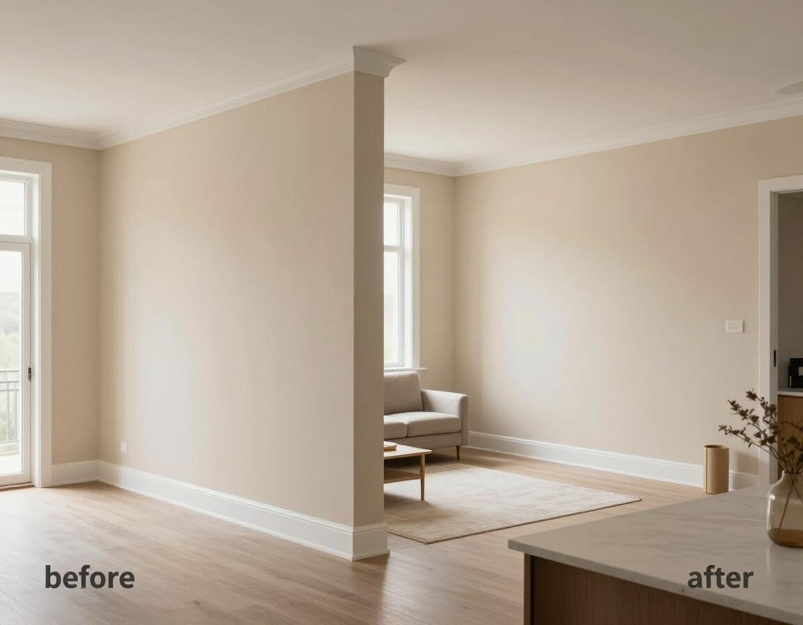 Split-screen comparison of a room interior before and after removing a central partition wall to open up the space.