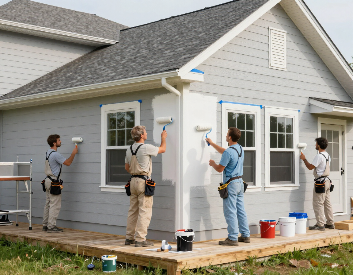 Four workers paint the exterior of a light-gray house white using paint rollers on a wooden deck.