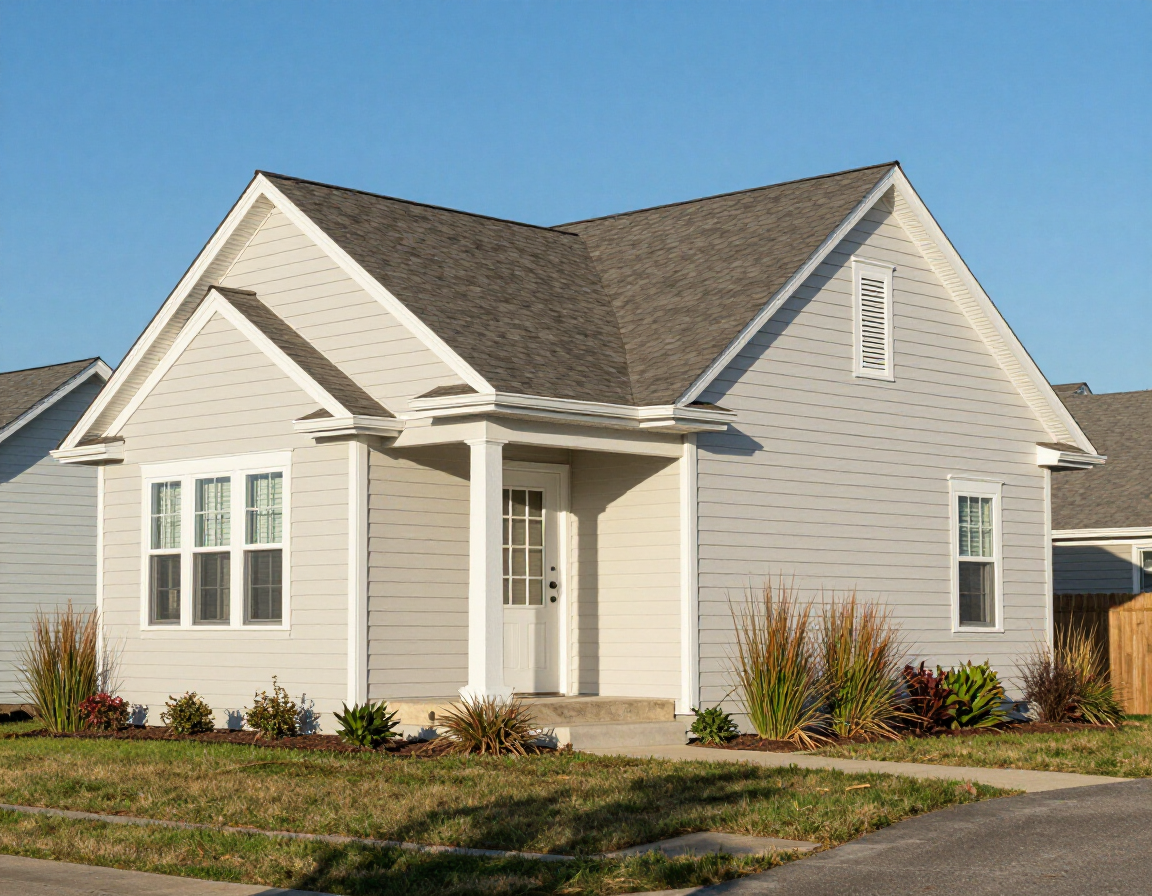 A single-story, light-gray suburban house with a dark shingled roof, a covered front porch, and simple landscaping.