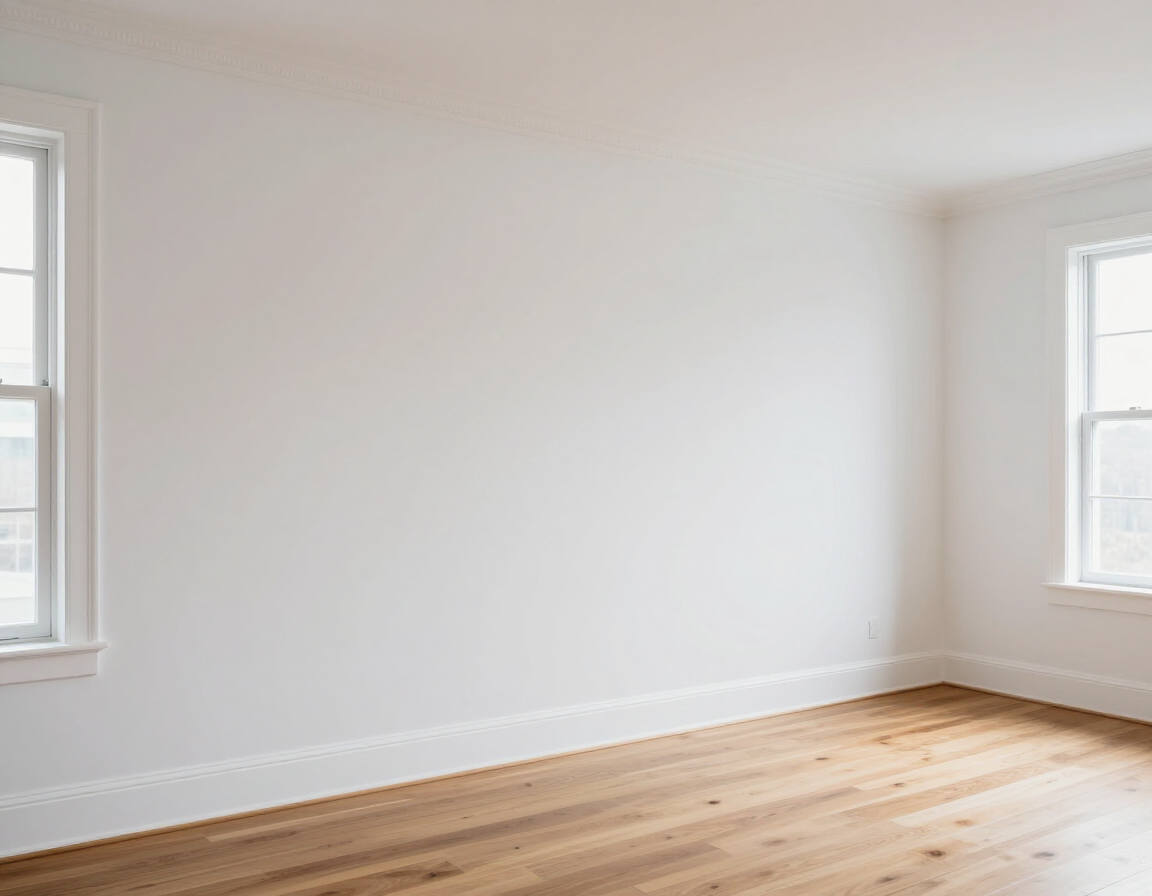 An empty room with white walls, light wood flooring, and two white-framed windows.