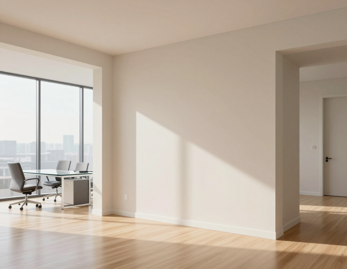 An empty, sunlit office space with hardwood floors, a central blank wall, and a view of a city skyline through windows.
