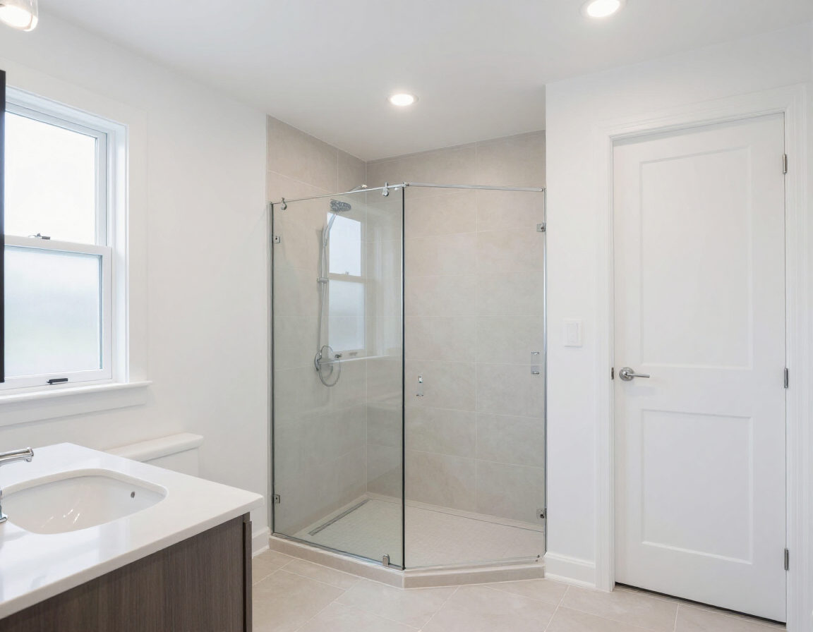 A modern bathroom featuring a white vanity with a sink, a corner glass shower, and a closed white door on a light floor.
