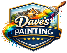A logo for Dave’s Painting featuring a yellow house, a rainbow paintbrush, and five gold stars on a navy shield.