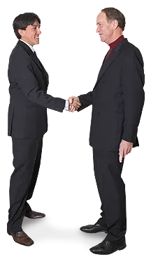 Two men in suits shaking hands on a white background