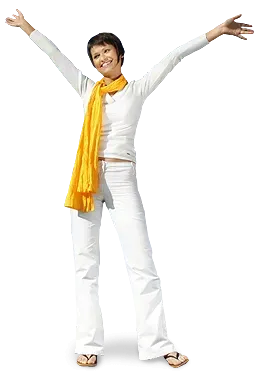 A woman wearing a yellow scarf and white pants is standing with her arms outstretched. A woman wearing a yellow scarf and white pants is standing with her arms outstretched.