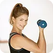 A woman is lifting a blue dumbbell on her arm. A woman is lifting a blue dumbbell in her hand.