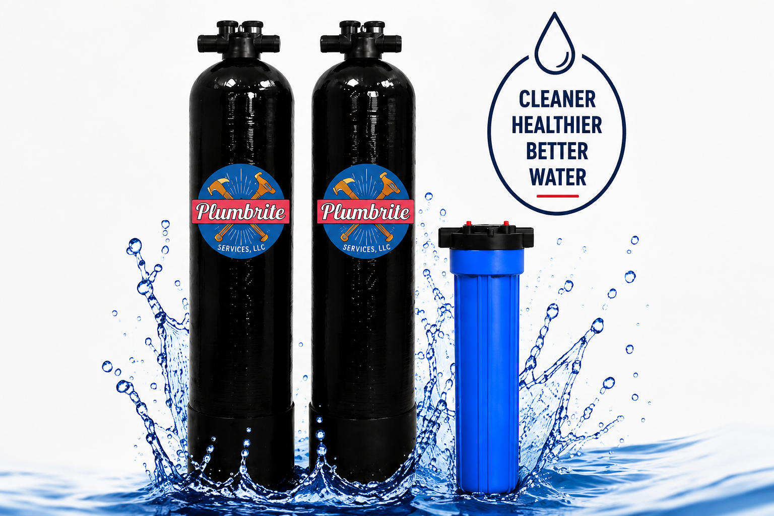 Alt text: Plumbrite Services whole home water filtration system with two filtration tanks and sediment filter for cleaner water in Arizona homes.
