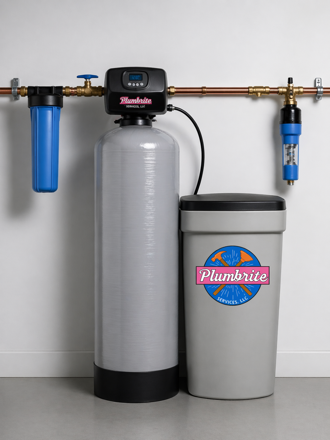 Plumbrite Services water softener system with brine tank and whole home prefilter professionally installed for an Arizona home.