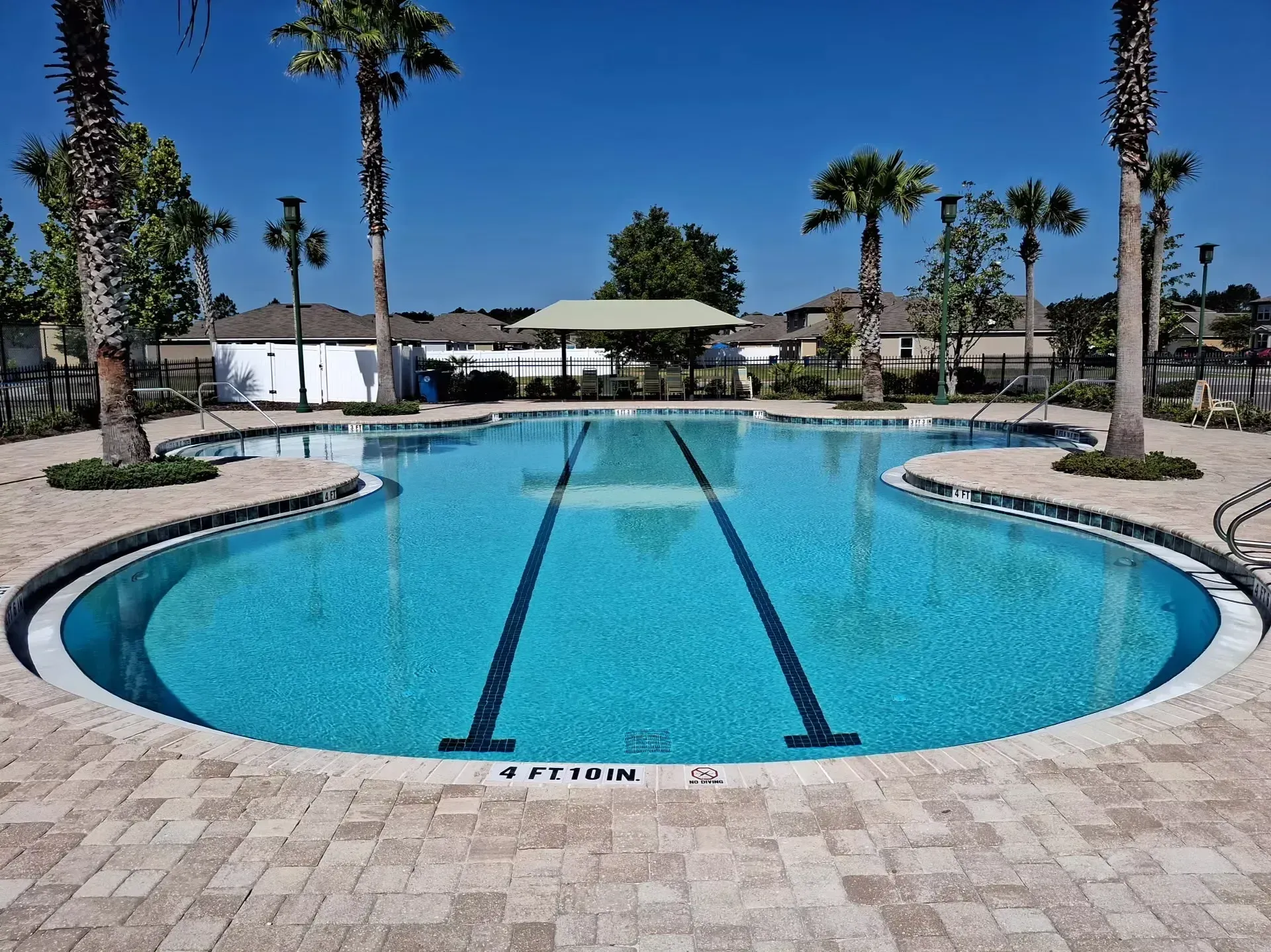 Outdoor swimming pool with clear blue water, palm trees, and tiled deck under a sunny sky
