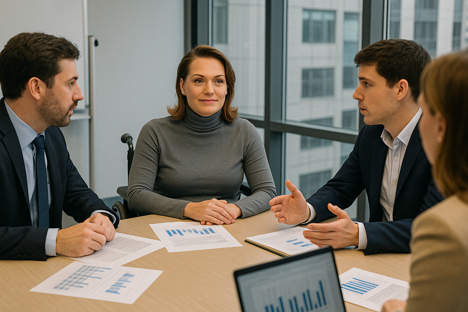Four people in business attire discussing papers around a conference table in a glass-walled office