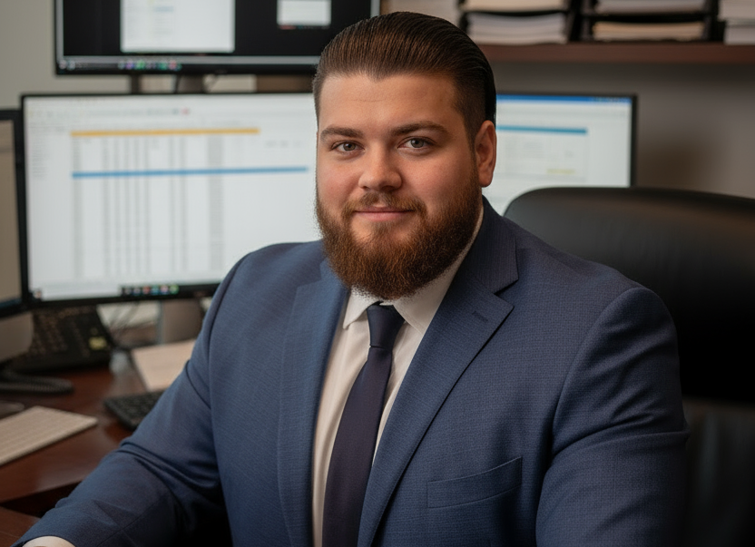 Man in blue suit with beard at desk, smiling at camera. Office setting with computers in the background.