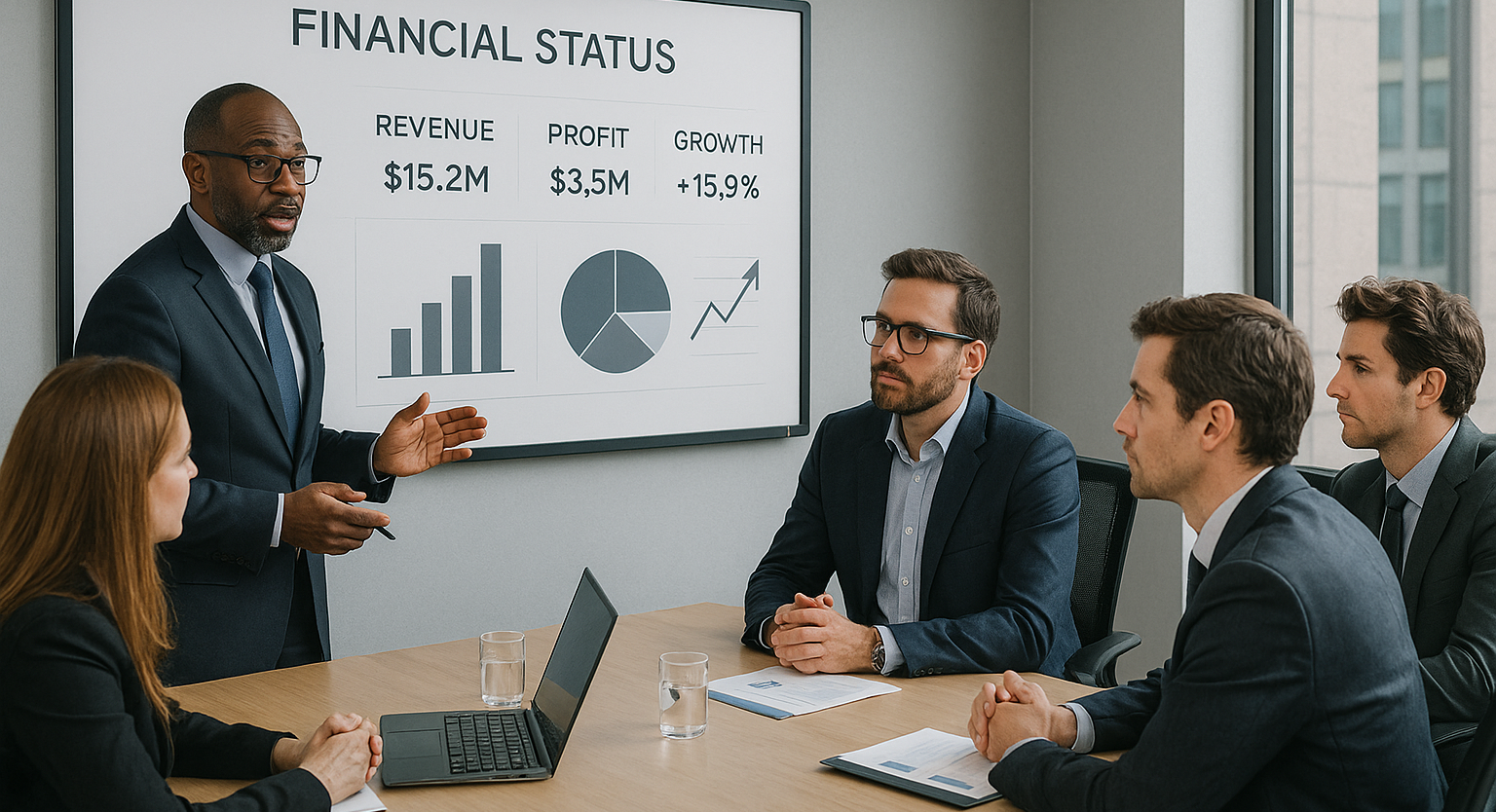 A man is giving a presentation to a group of business people in a conference room.