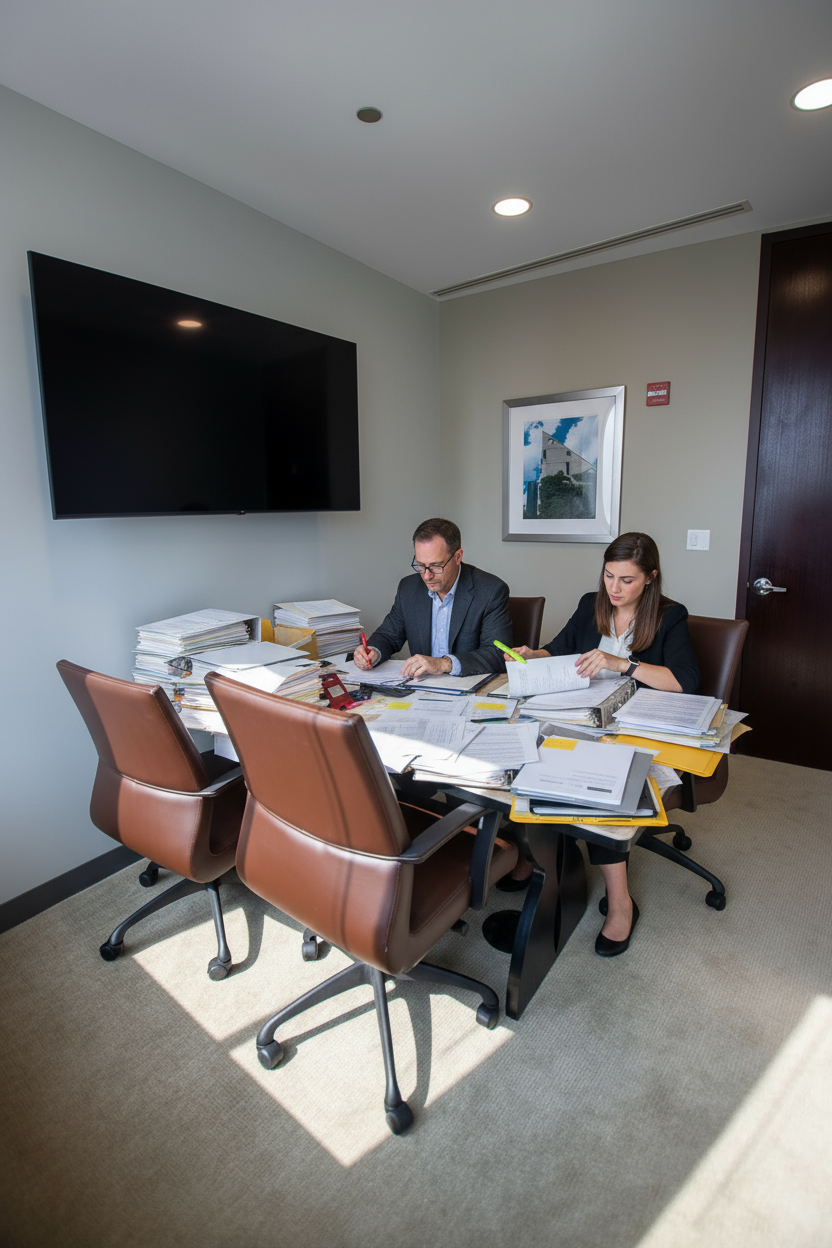 Two people review paperwork at a table in an office. A large TV hangs on the wall.