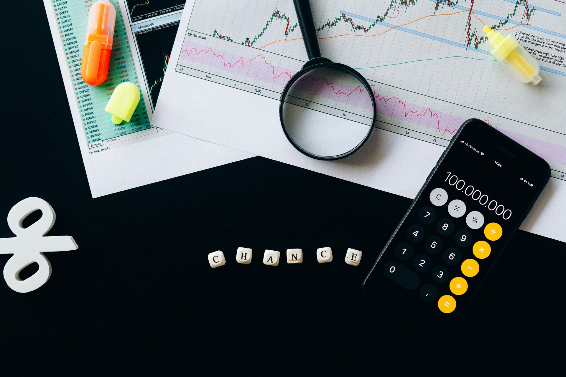 Calculator, magnifying glass, and stock charts on a dark desk with small letter tiles.