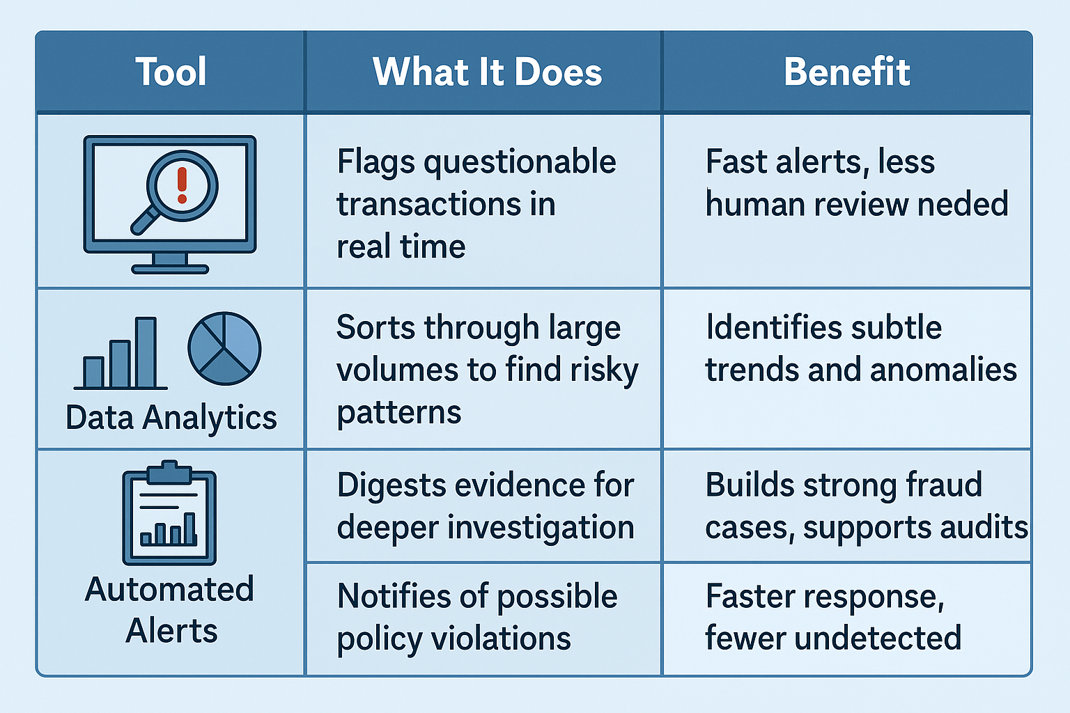 Table outlining fraud detection tools and their benefits, including real-time transaction flags and policy violation alerts.
