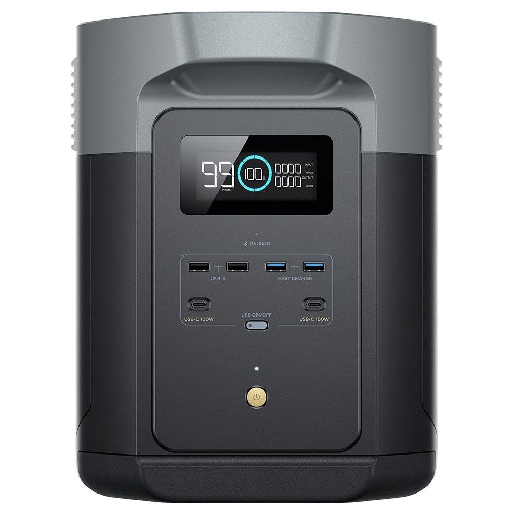 Een zwart-grijs draagbaar powerstation met een digitaal display dat 99% lading aangeeft, USB-poorten en een stopcontact.