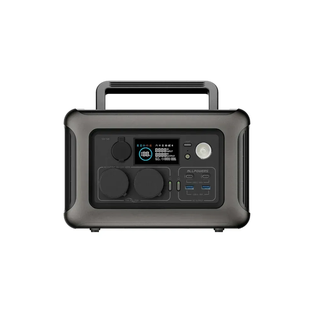 Donkergrijs draagbaar energiestation met handvat, display, stopcontacten en USB-poorten.