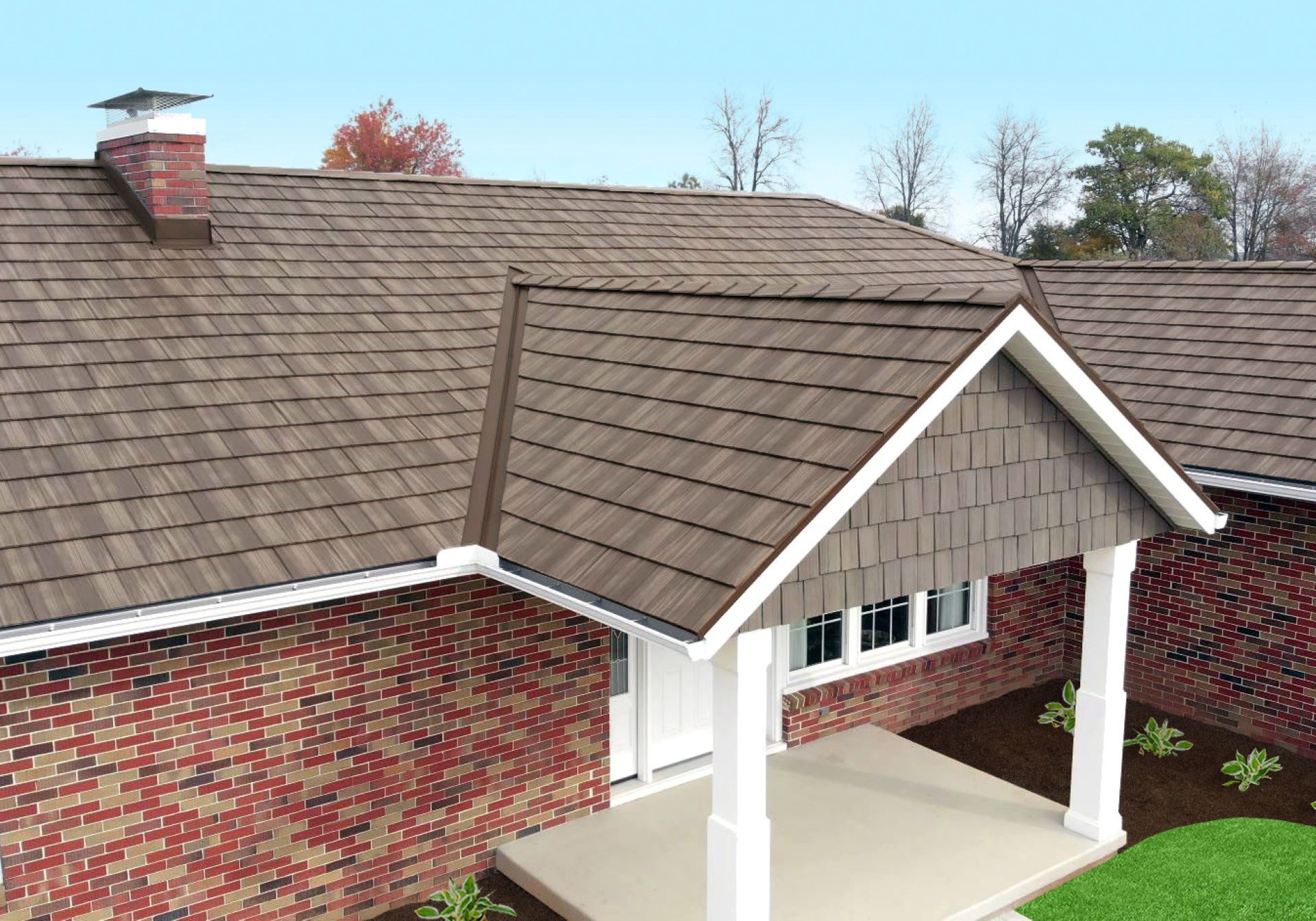 Brick house with brown shingle roof, white trim porch, and green lawn.
