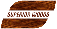Logo of "Superior Woods" with wooden background, the text is brown, and the background is white.