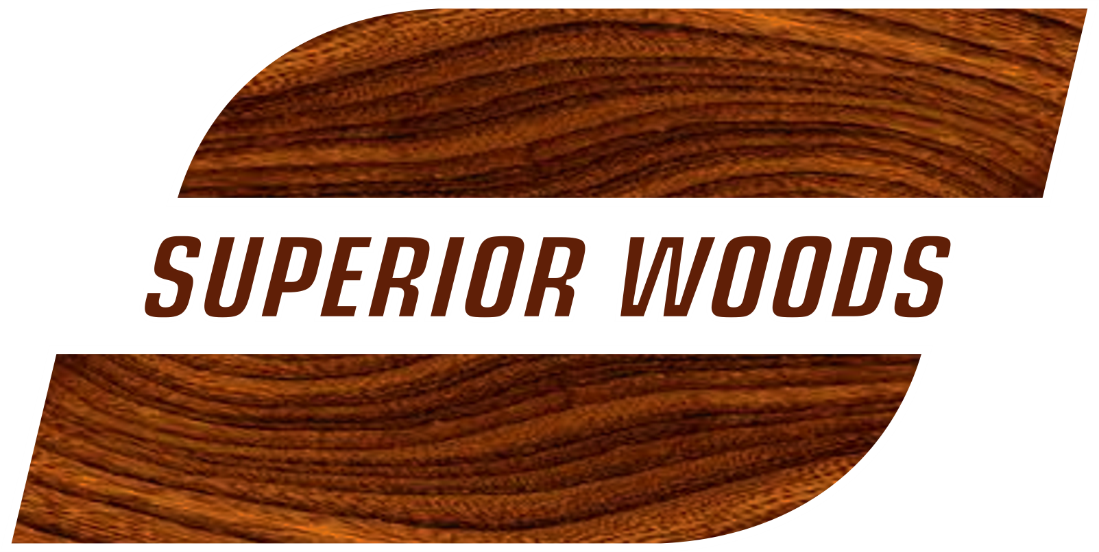 Logo of "Superior Woods" with wooden background, the text is brown, and the background is white.