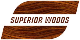 Logo of "Superior Woods" with wooden background, the text is brown, and the background is white.