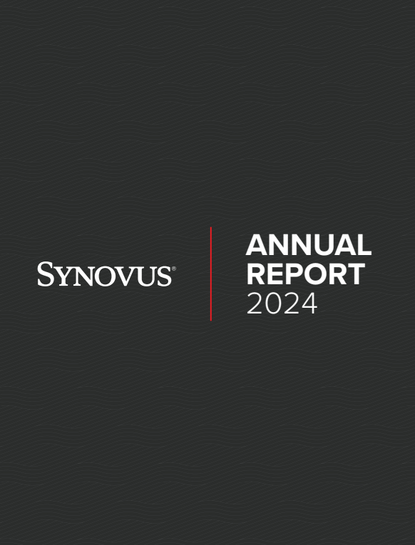 Synovus 2024 Annual Report cover. Logo on left, text on right. Dark gray background with a red vertical line.