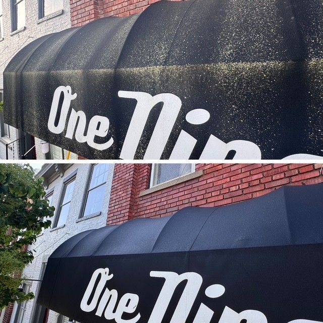 Before and after view of a black awning with 