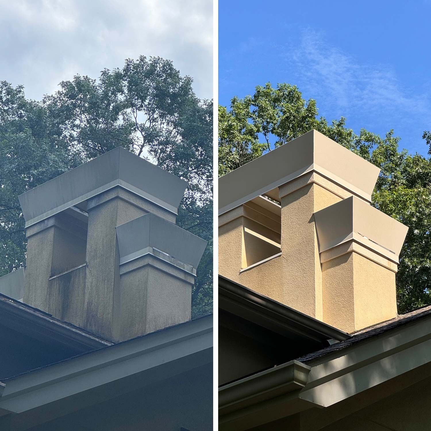 Chimney before and after cleaning. The left shows a dirty chimney. The right shows the clean result.