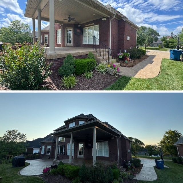 Two views of a brick house with a covered patio, walkway, landscaping, and a blue trash can.