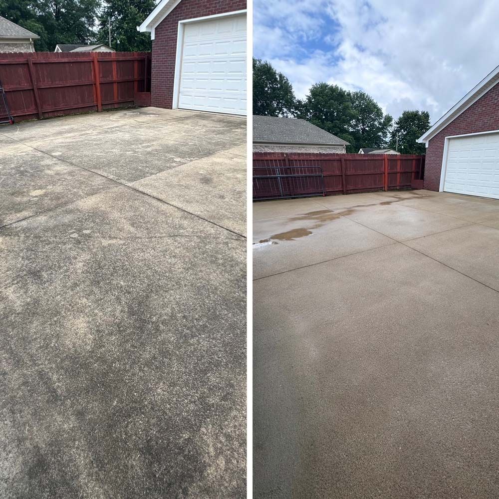 A before and after picture of a driveway with a garage and a fence. - Bourbon City Softwash - Louisville, KY