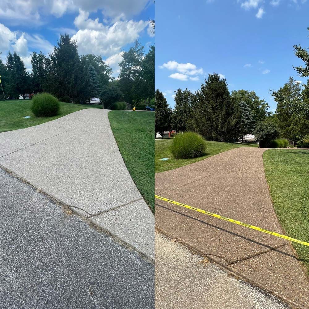  A before and after picture of a concrete driveway. - Bourbon City Softwash - Louisville, KY