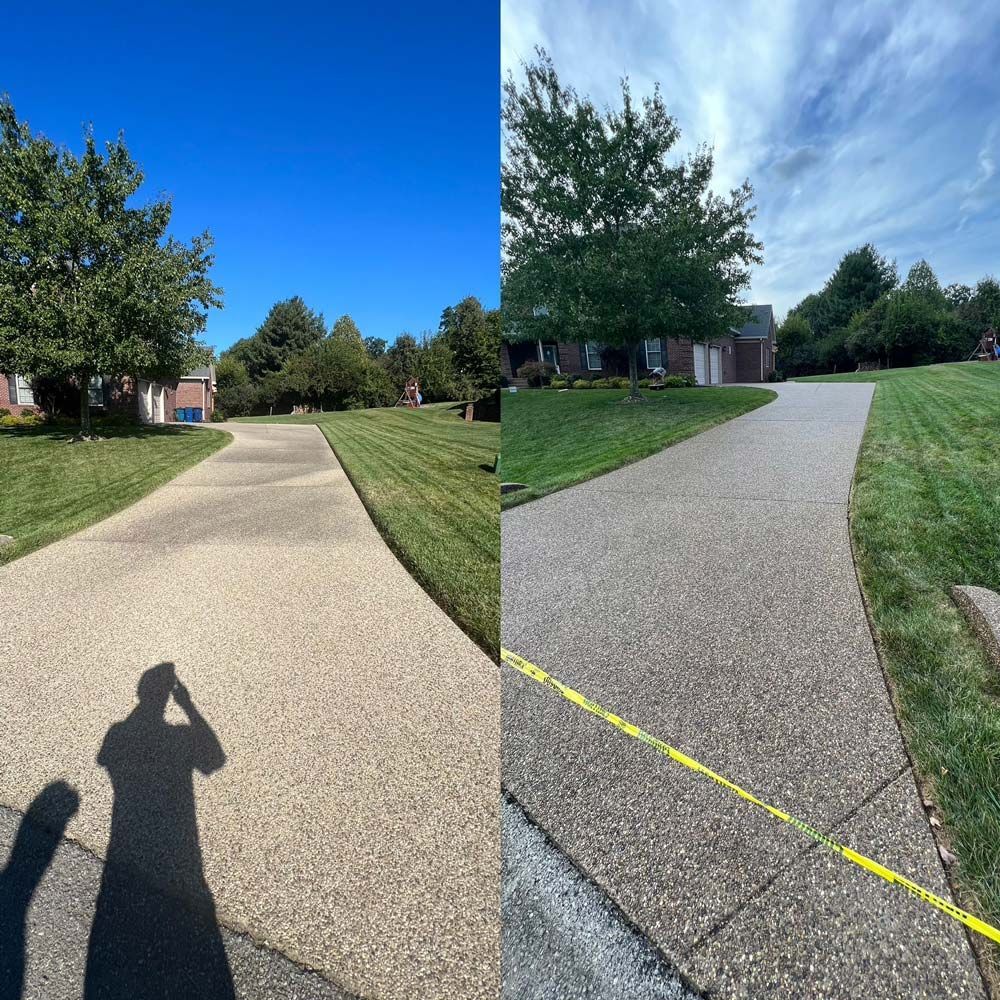 A before and after photo of a concrete driveway. - Bourbon City Softwash - Louisville, KY