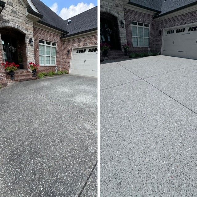 A before and after picture of a driveway in front of a brick house. - Bourbon City Softwash - Louisville, KY