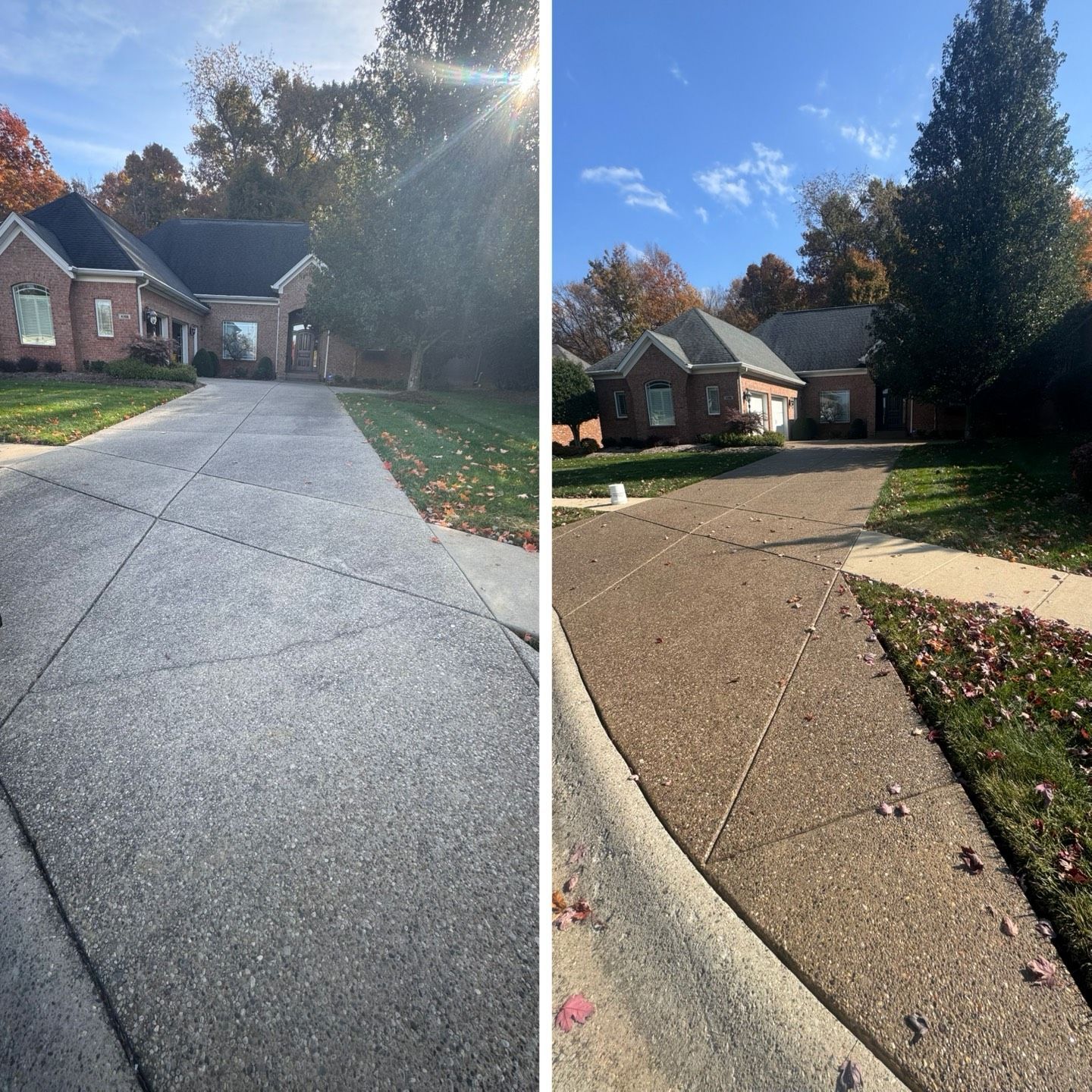 Driveway before and after cleaning. The cleaned side is gray, the uncleaned side is brown with debris. House in background.