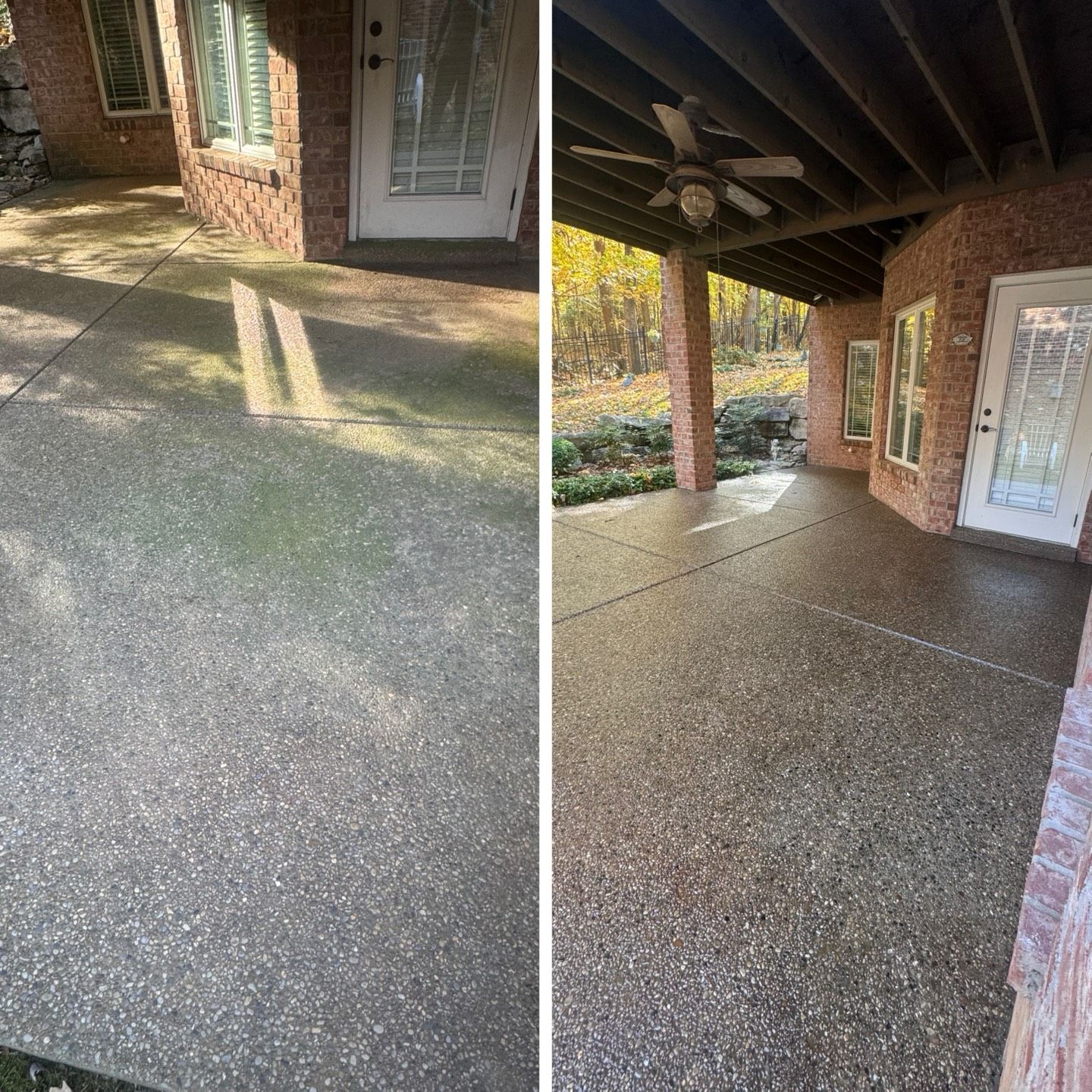Comparison of a concrete patio before and after pressure washing.