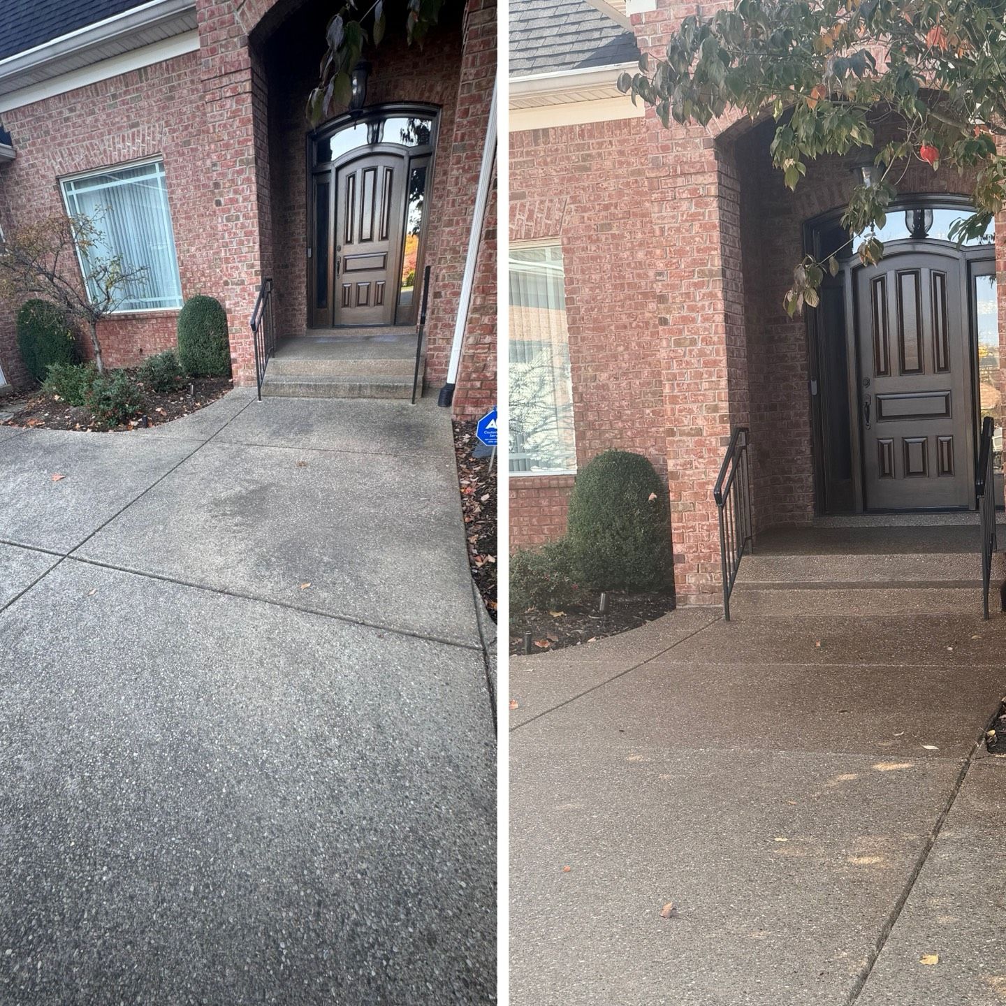 Before and after of a brick house walkway. The left side is dirty, the right side is clean.