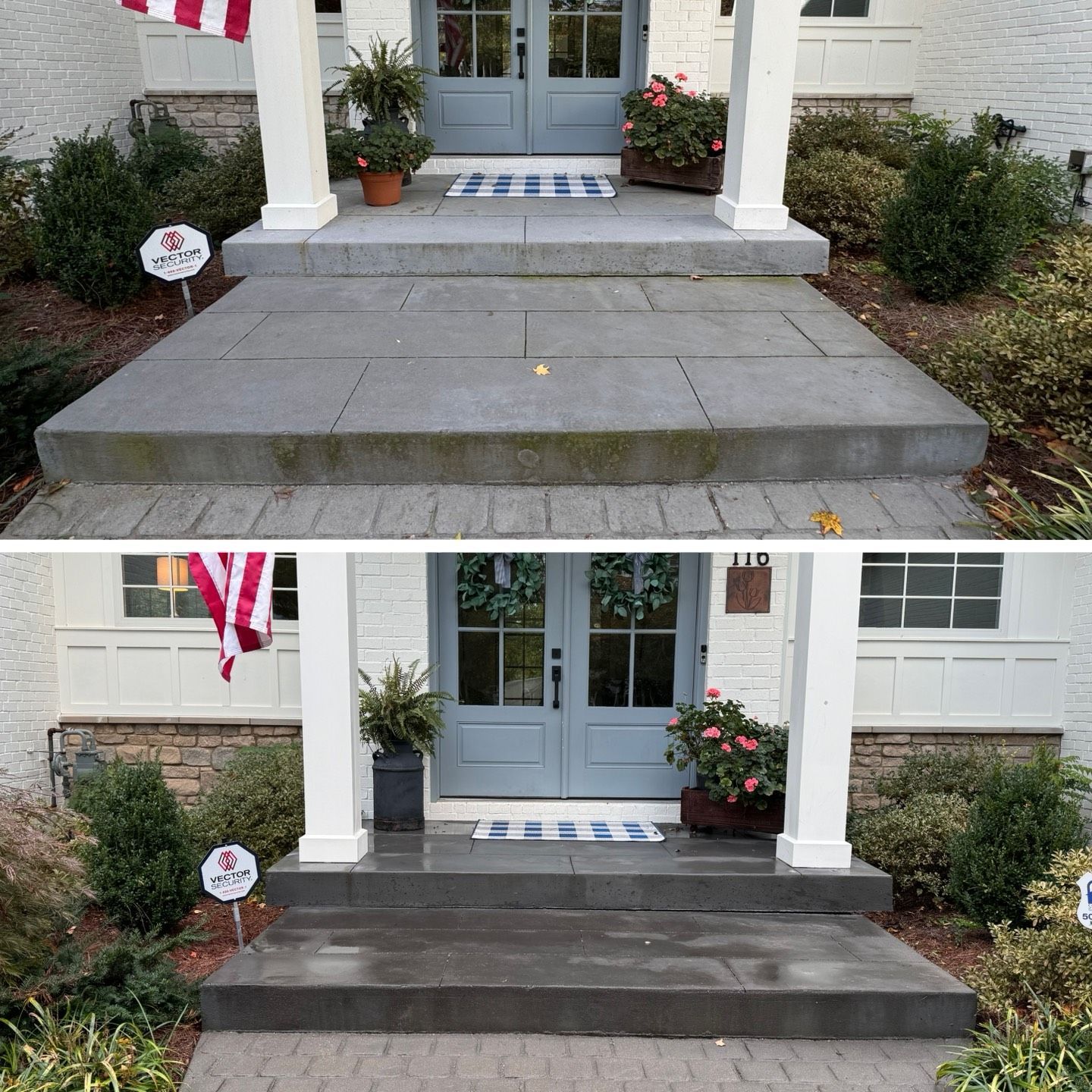 Before and after of a power washed front porch. Gray stone steps, blue door, and white columns.