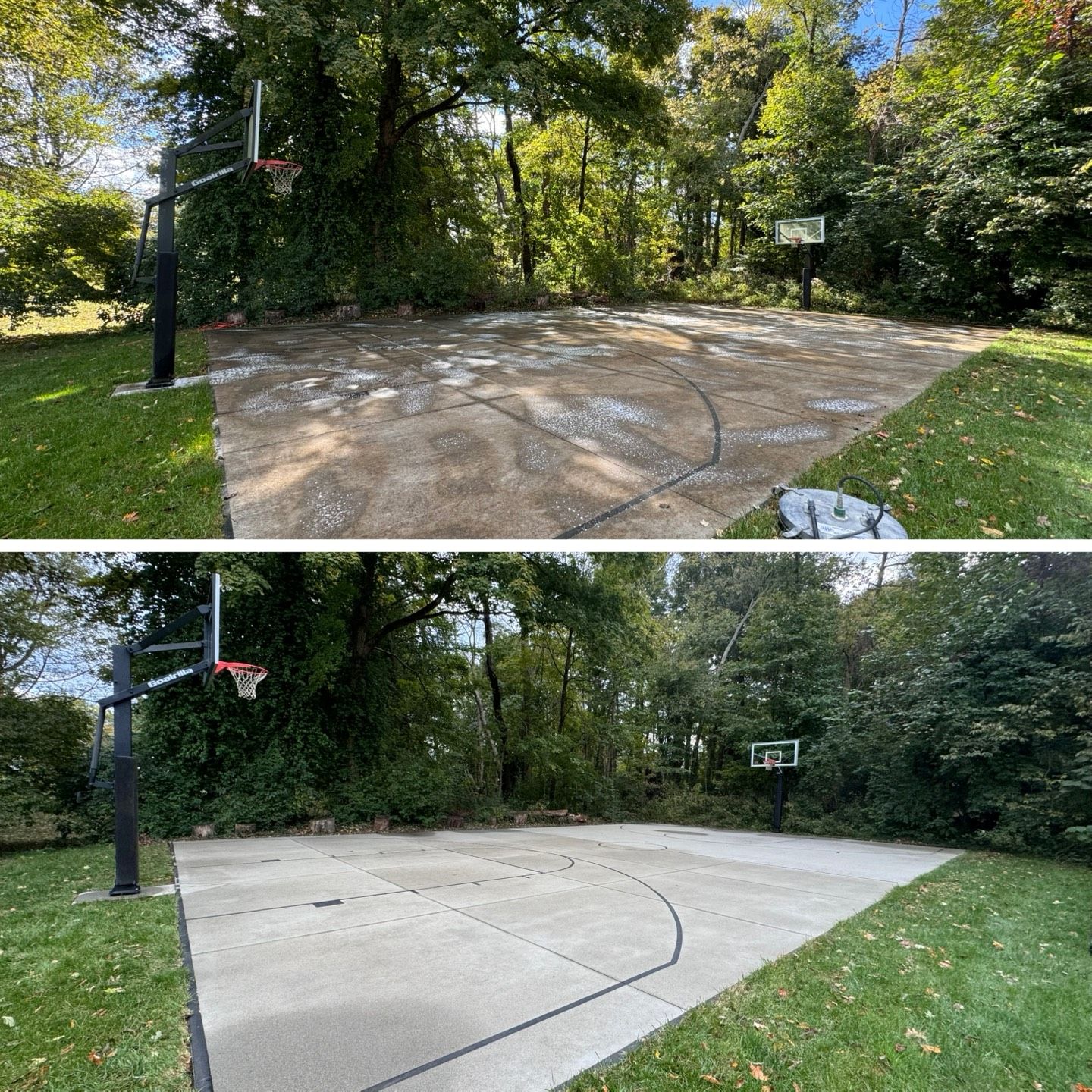 Before and after of a concrete basketball court. The after shows a clean court.